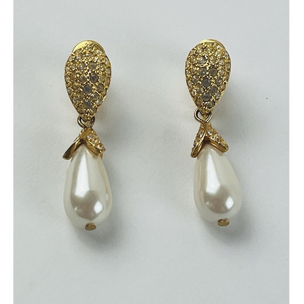 Napier Earrings Gold Tone Faux Pearl Rhinestone Drop Dangle Screw Back Earrings